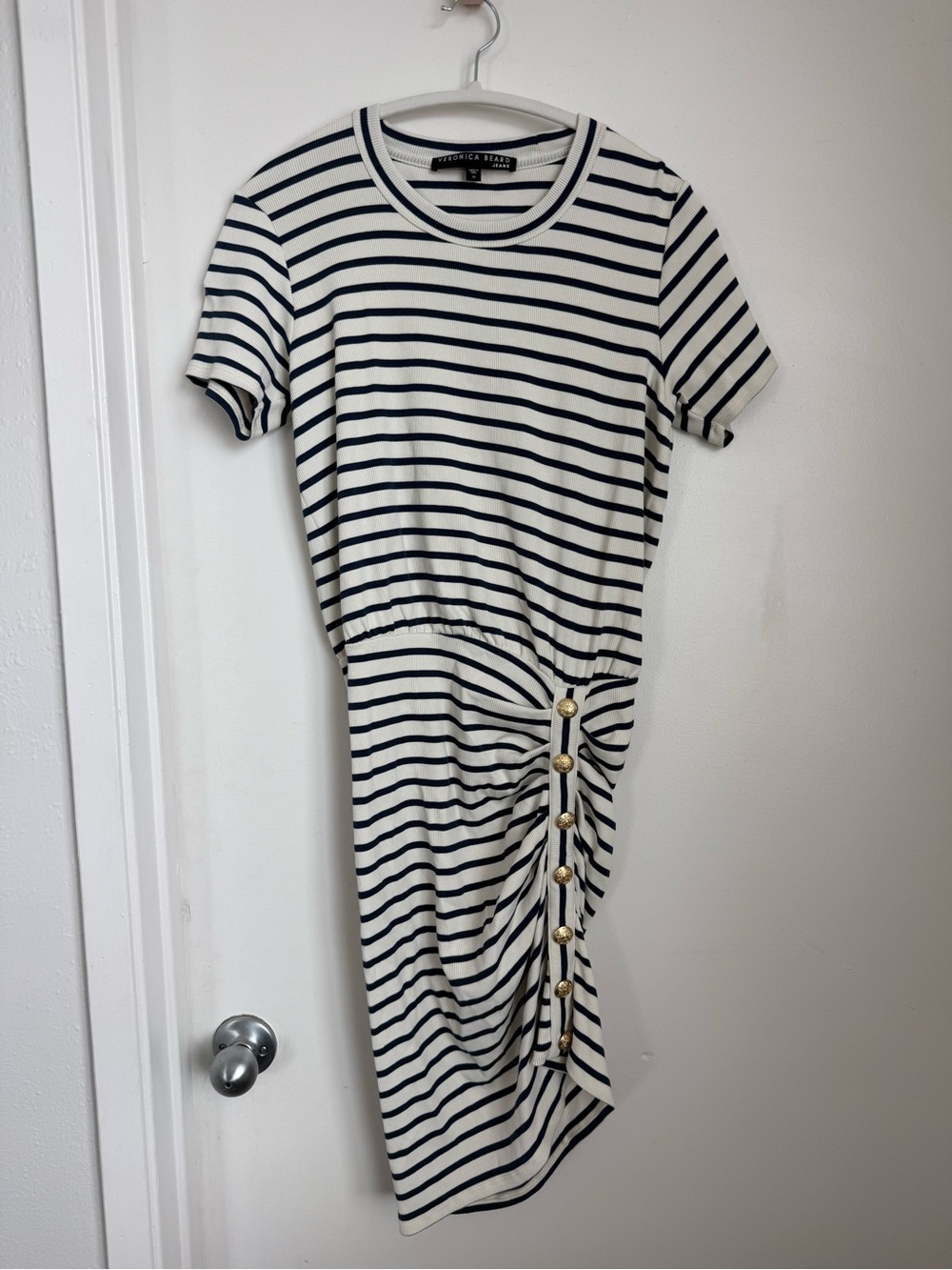 Veronica Beard Cortland Mini Dress Navy and White Striped with Gold Buttons